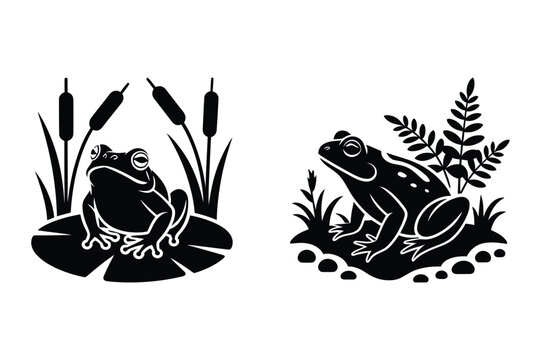 Two frogs sitting on lily pads in a marshy pond with tall grass and ferns