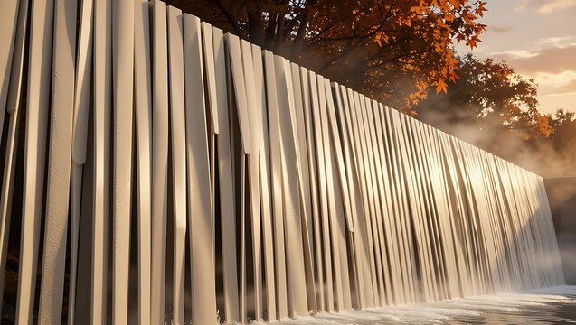 An artful waterfall streams down a light-toned vertical slatted wall, creating a captivating visual and auditory experience amidst the warm glow of autumn foliage.