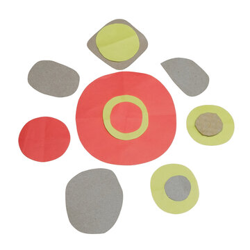 Assorted geometric paper cutouts in circles and rounded squares featuring red, yellow, and grey colors arranged on a white background isolated on a transparent background
