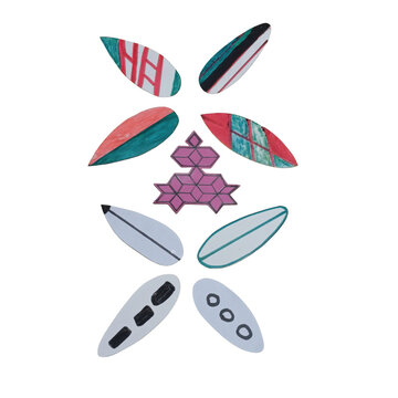 Assorted hand-painted paper surfboard shapes and a geometric pink star pattern arranged on a white background, for summer craft projects isolated on a transparent background