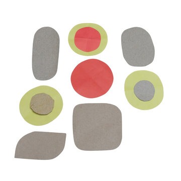 Assorted paper and cardboard cutout shapes including circles and rounded rectangles arranged on a plain background, craft project isolated on a transparent background
