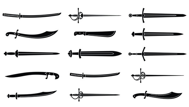 Detailed black silhouette collection featuring various historical medieval swords and sharp bladed weapons arranged in a simple clean white grid