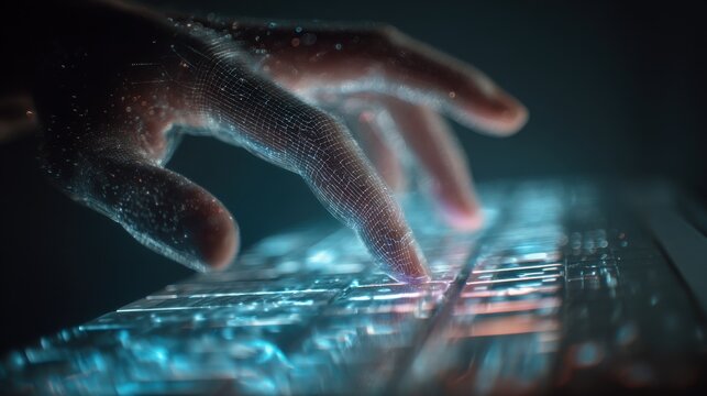 Digital wireframe hand typing on a glowing illuminated computer