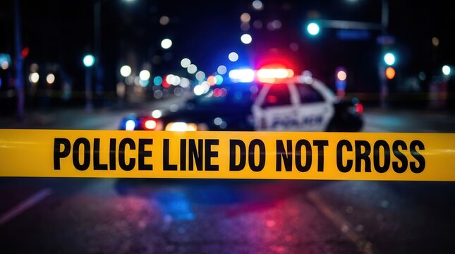 Crime scene investigation scene featuring yellow police tape and a patrol car with emergency lights.