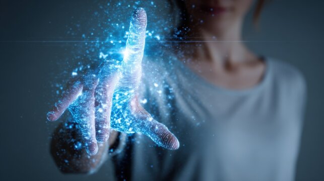 Person touching a glowing digital wireframe hand in cyberspace