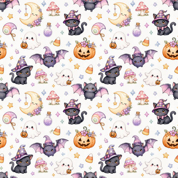 Cute halloween seamless pattern with kawaii cats, ghosts, and bats