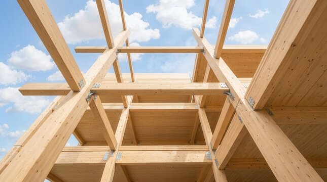 A low angle view of mass timber construction as a sustainable building technology.