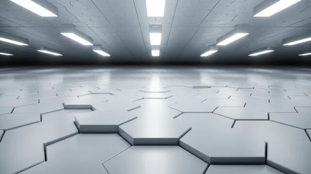 Futuristic hexagonal floor with modern ceiling lights and reflective surface creating a sci fi atmosphere