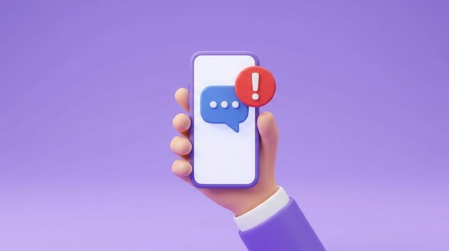 Social media chat error message illustration featuring a 3D mobile phone and warning icon.