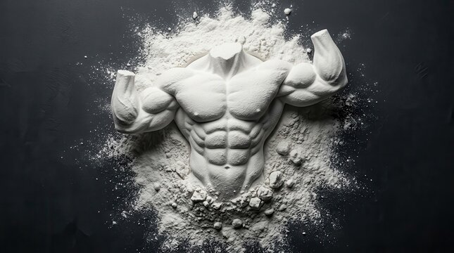 Protein powder sculptural form of a muscular torso representing strength and fitness