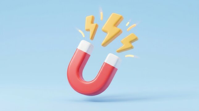 A red horseshoe magnet with electric lightning bolts in 3D cartoon illustration