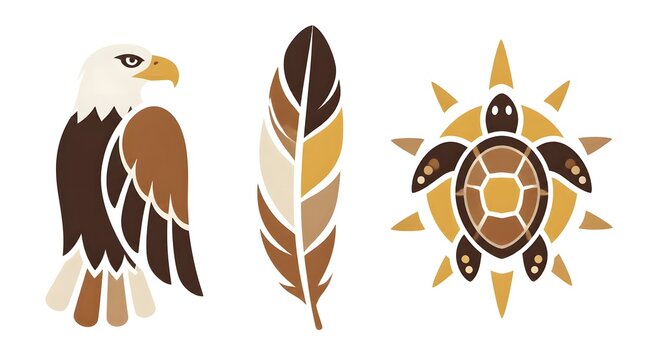 Bald eagle indigenous feather design sun turtle motifs flat vector illustration
