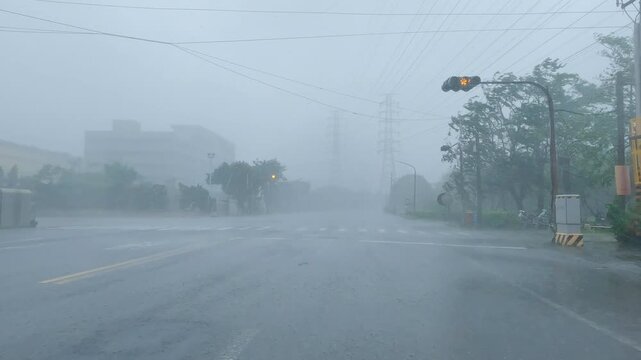 Driving Through City As Hurricane Winds And Torrential Rain Intensify