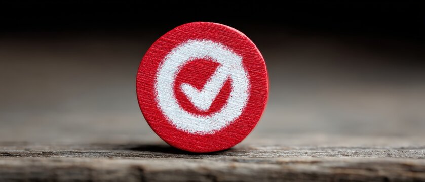 Close up of a red checkmark symbol on a wooden surface representing approval and success in business or personal achievements