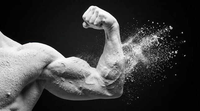 Bodybuilding and power sport concept featuring protein powder in the shape of a muscular hand.
