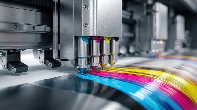 Close-up of a professional photocopier and printer machine with colorful ink ribbons.