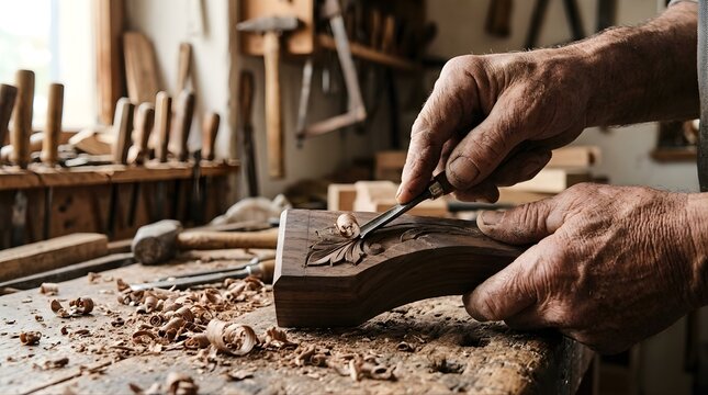 Professional carpenter hand carving floral pattern on wood in workshop