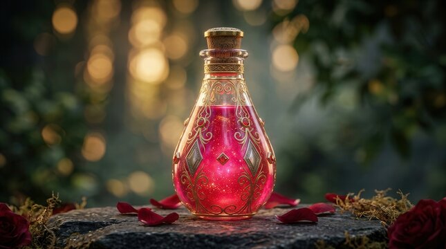 A magical elixir drug potion inside a decorative glass bottle, ideal for video game concepts.