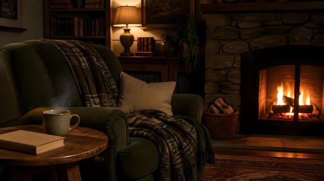 Comfortable armchair draped plaid blanket by cozy fireplace warm stone fire crackling softly casting gentle light living space relaxing reading n