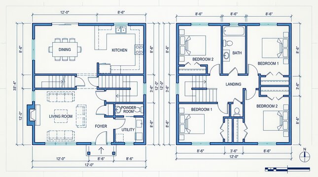 Technical draw of a residential blue print floor plan in vertical format.