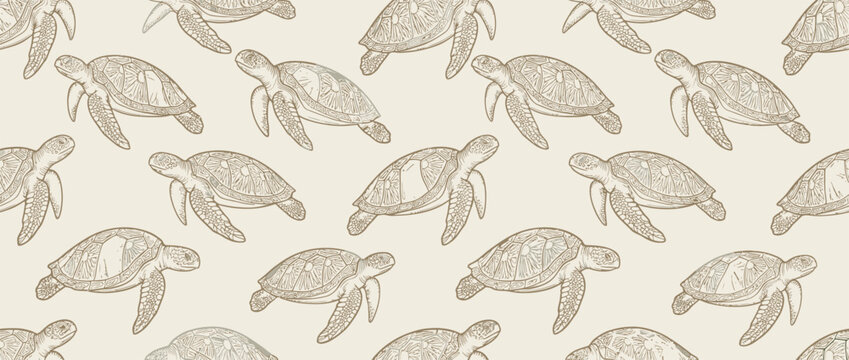 Seamless Pattern of Sea Turtles in Sketch Style