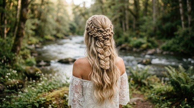 Bohemian bridal hairstyle with beautiful blond braids in a forest setting.