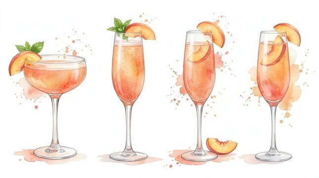 Set of four summer drink watercolor paintings of Bellini cocktails on a white background.