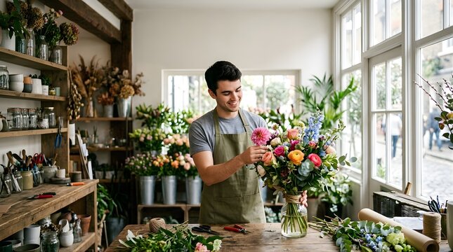 Smiling male florist arranging fresh flower bouquet in a floral shop