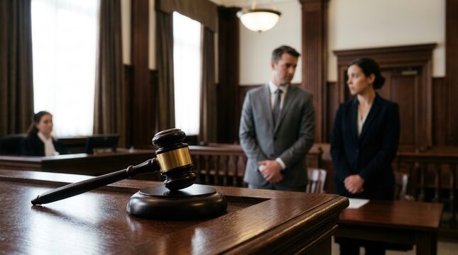 Courtroom Gavel And Professionals In Serious Legal Proceedings
