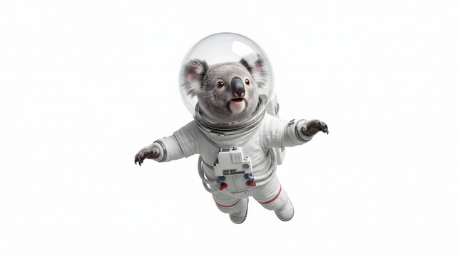 A cute koala dressed in an astronaut suit floats freely against a white background