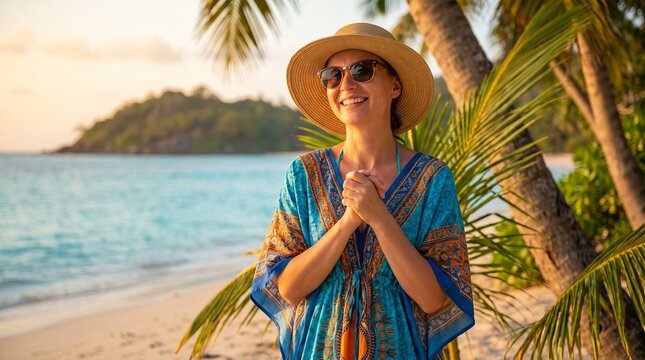Young woman enjoying summer, relaxed vacation atmosphere, vibrant coastal scenery