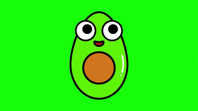 Cute avocado cartoon character on green screen, happy fruit animation with big eyes, funny food mascot for social media content