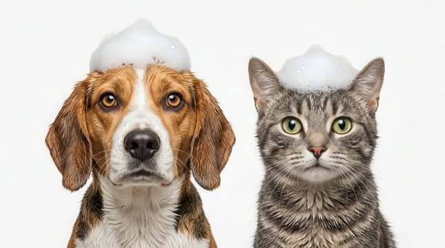 A cute dog and cat having a bath with soap bubbles on a white background.