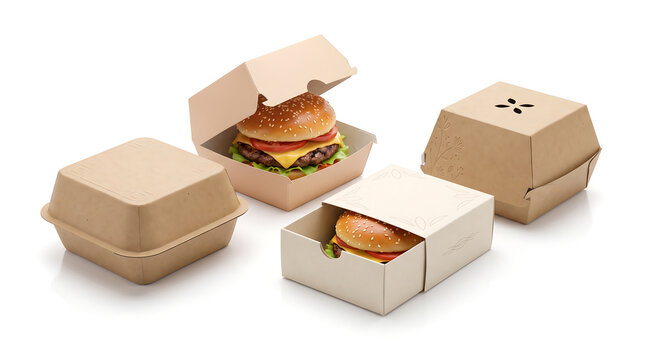 Assorted eco-friendly cardboard burger boxes and packaging mockups displayed on a white background for food branding, restaurant advertising, and packaging design templates.