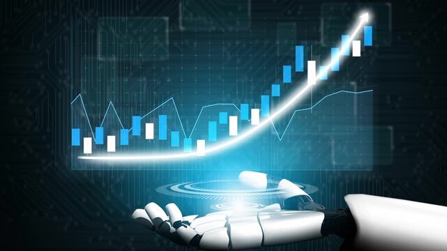 A robotic hand displays a digital chart reflecting financial growth, emphasizing technology role in contemporary investment strategies and analytics. Copula