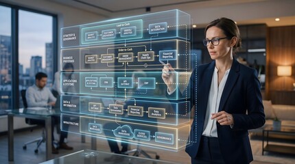 Fototapeta premium Businesswoman analyzing futuristic data interface