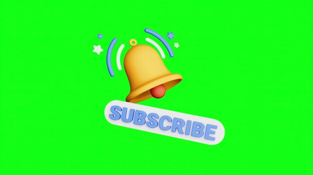 Animated 3D notification bell with subscribe button. Social media alert icon on green screen. Yellow ringing bell for video creators.