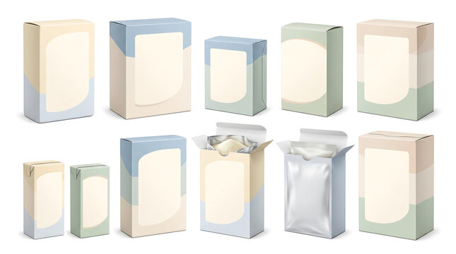 Collection of various pastel cardboard box mockups in different sizes and shapes for product branding, retail packaging design, and marketing presentations.