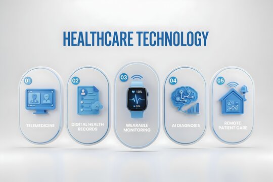 Healthcare technology infographic with digital medical icons and smart watch monitoring