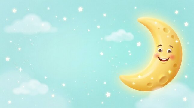 Light Aqua Background 3D Cartoon Crescent Moon Smiling Face Right Edge Left Open


