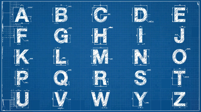 Hand drawn alphabet letters designed with precise technical measurements on a classic blue engineering blueprint grid
