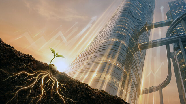 Growing plant sprout with roots transforming into modern skyscrapers and rising stock financial graphs