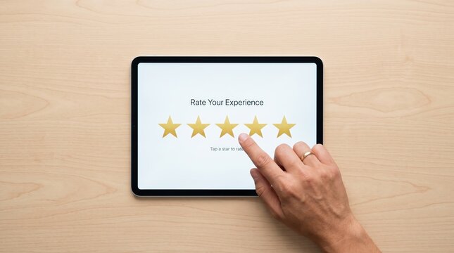 Close up of hand giving five star rating on tablet screen for customer experience feedback review, online satisfaction survey evaluation service quality assessment concept