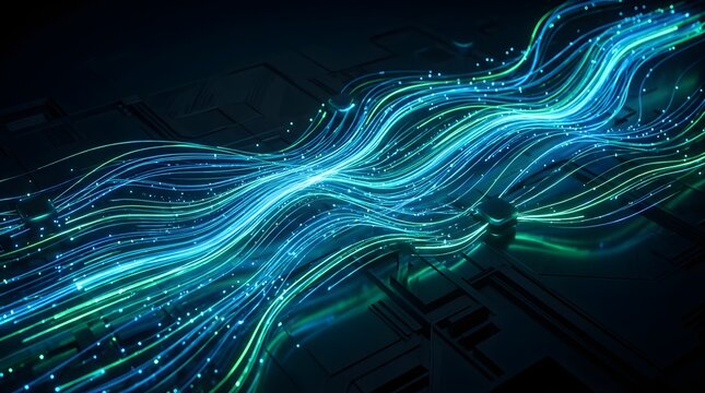 Abstract digital stream of glowing light trails over a dark circuit board