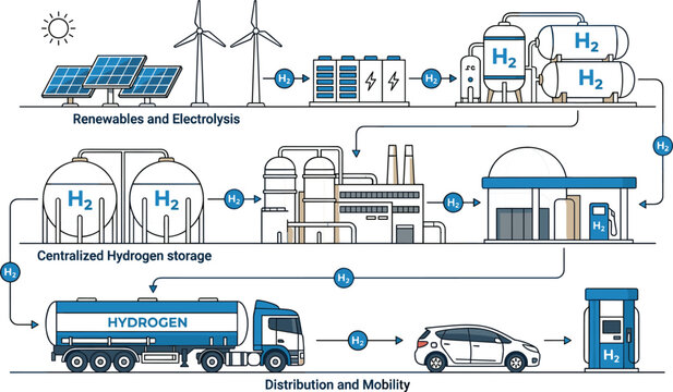 Green hydrogen energy production distribution infographic vector diagram showing solar wind electrolysis storage tank transport mobility