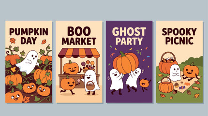 Fototapeta premium Set of four cute Halloween ghost and pumpkin posters with festive autumn holiday themes and cartoon characters