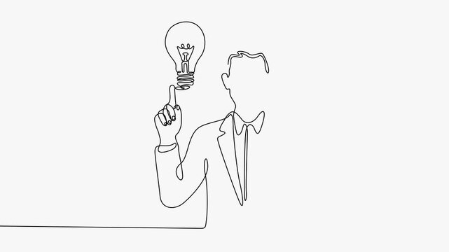Continuous line art animation of businessman pointing at lightbulb idea concept