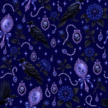 Blue Gothic Seamless Pattern with Ravens, Dark Flowers, Vintage Mirrors and Pearls