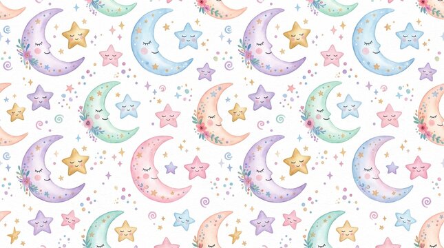 063 63 Seamless pattern of cute watercolor pastel cres Watercolor cres