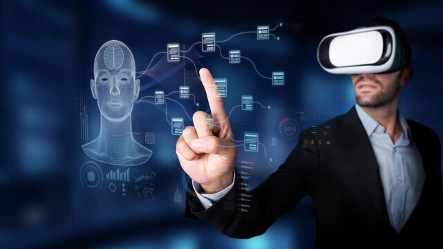 A businessman using virtual reality technology interacts with a digital interface featuring brain graphics and data visualizations, highlighting innovation and engagement. Raster